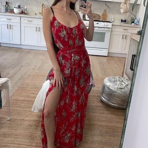 BLUE MOON - red flower dress two slits XS maxi